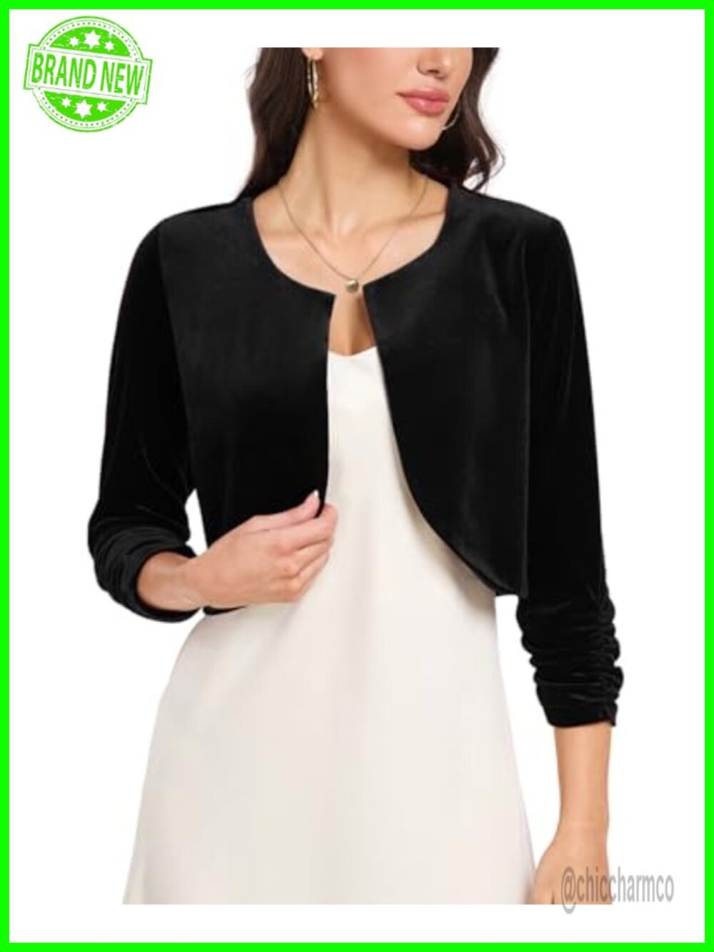 Velvet Bolero Shrug Ruched Sleeve Open Front Cropped Cardigan